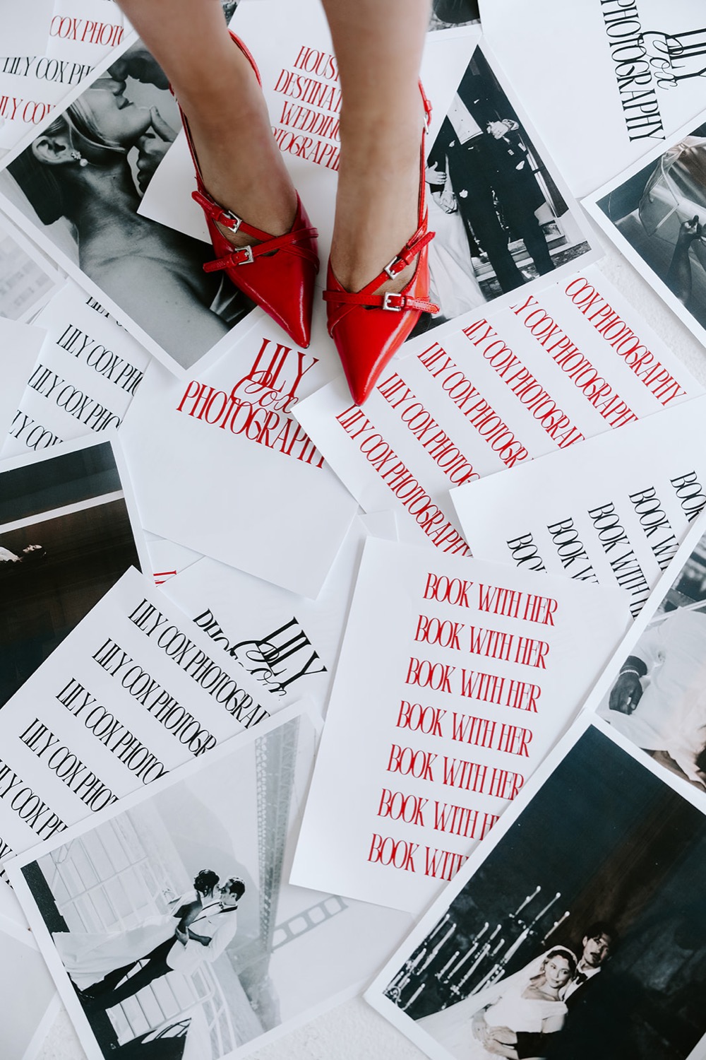 Red heels and Lily Cox Photography printed branding